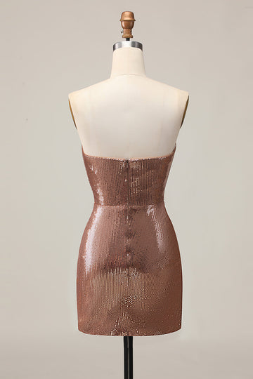 Coffee Strapless Ruched Sequined Bodycon Homecoming Dress